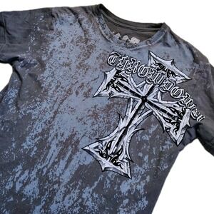 Throwdown by Affliction Shirt Mens Small Gray Blue MMA Gothic Cross Wings Y2K